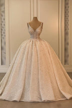 Robe de mariée princesse extravagante, longue, trapèze, col en V, sans manches, à paillettes et dentelle