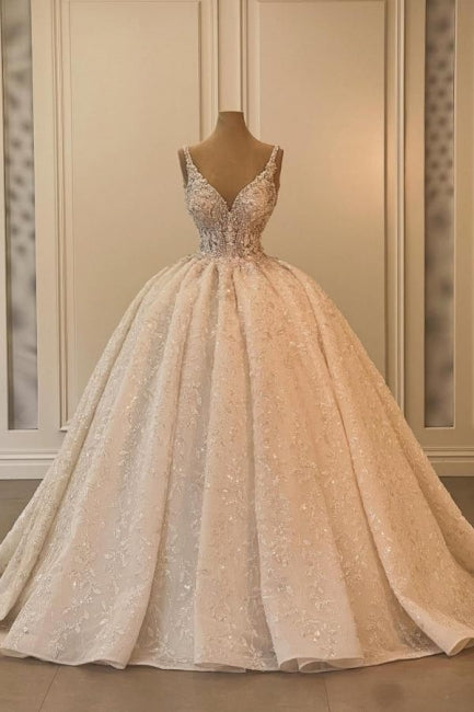 Robe de mariée princesse extravagante, longue, trapèze, col en V, sans manches, à paillettes et dentelle