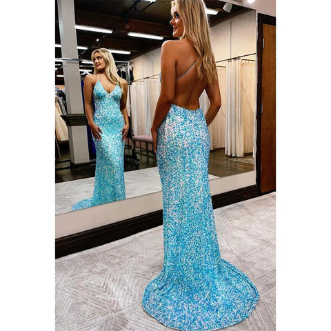 Robe de bal sexy à paillettes et col en V 