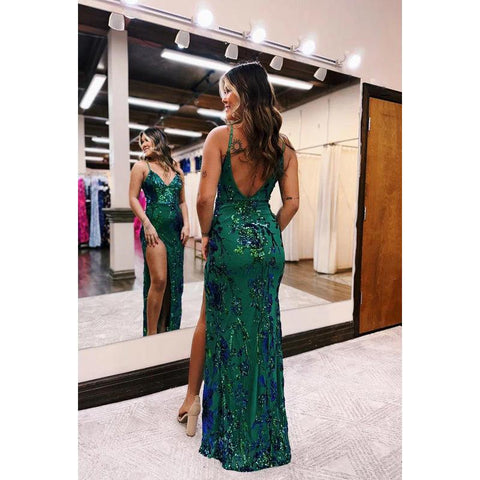 Elegant & Luxurious Spaghetti Straps V-Neck Side Slit Sheath Party Prom Dress With Applique