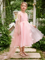 Vestido rosa de organza de corte A hasta la rodilla (010220821) 