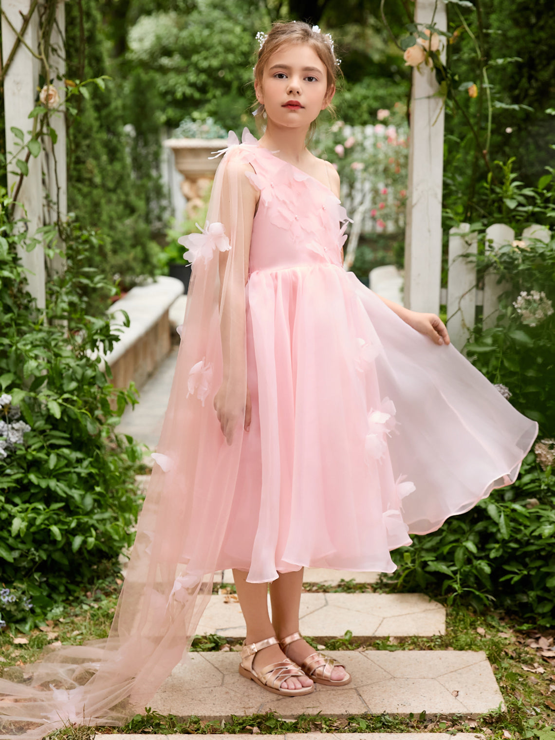 Vestido rosa de organza de corte A hasta la rodilla (010220821) 