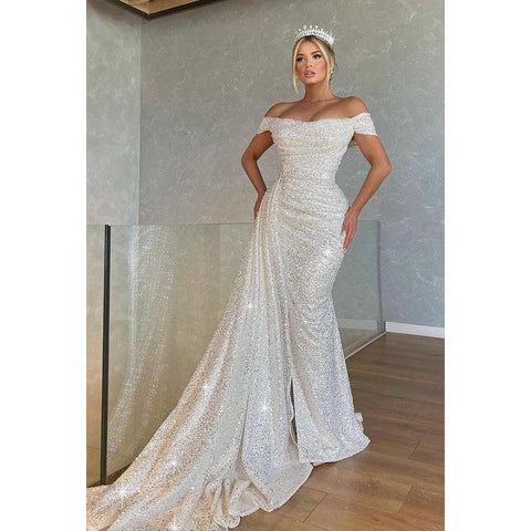 Sheath/Column Off Shoulder Ruched Sequins Long Prom Evening Dress