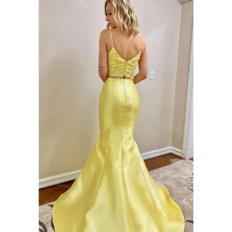 Yellow Satin Spaghetti Straps Lace Top Two Piece Prom Dress