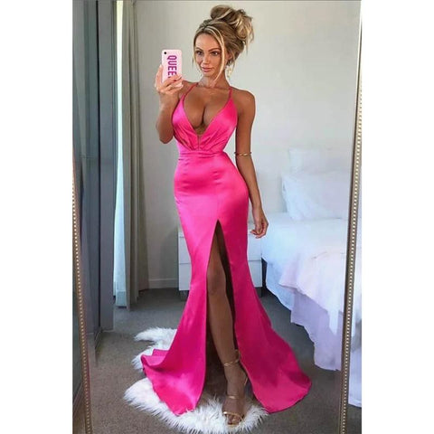 Fuchsia Satin Spaghetti Straps V-neck Mermaid Prom Dress with Slit
