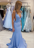 Robe de bal longue bleue sirène à col en V, élégante robe de soirée bleue Y447