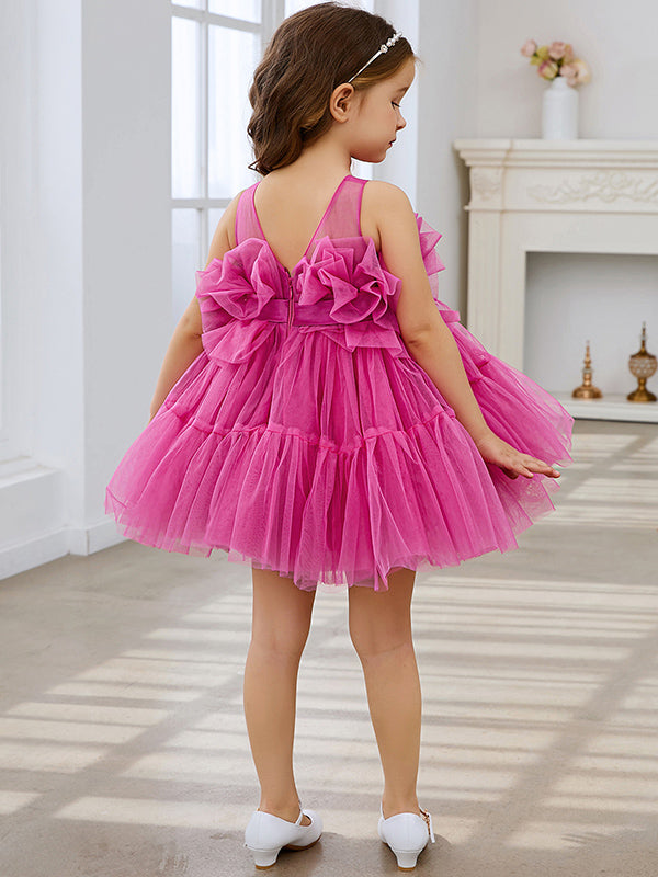 Encantador vestido rosa de princesa sin mangas de tul para niña de las flores con detalle de lazo (010224355) 