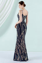 Robe de bal sirène abricot argentée à fines bretelles spaghetti