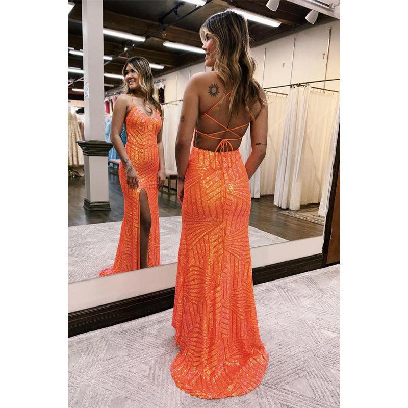 Vestido de noche formal largo con tirantes finos y lentejuelas, corte tubo/columna, brillante, para fiesta de graduación y abertura. 