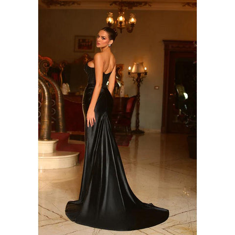 Scoop Strapless Sleeveless Sequined Ruched Satin Sheath Long Evening Dress
