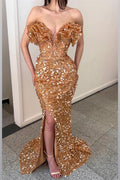 Vestido de sirena largo con escote en V, lentejuelas plisadas y abertura, corte sirena para baile de graduación.