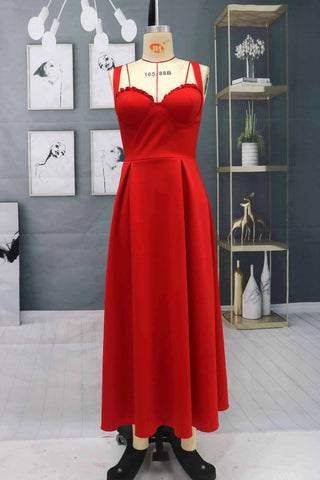 Robe de soirée rouge charmante sans manches, longueur cheville