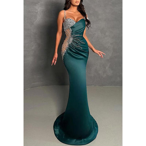 Vestido de noche para fiesta, graduación, escote corazón, tirantes finos, apliques y pliegues 