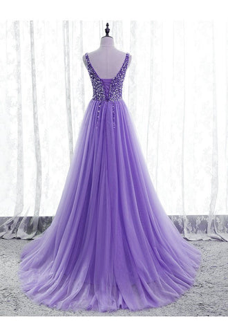 Robe de soirée violette à col en V ornée de perles et de paillettes en tulle, robe de bal violette en tulle Y1008