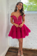 Robe de bal courte fuchsia à épaules dénudées et volants, style princesse