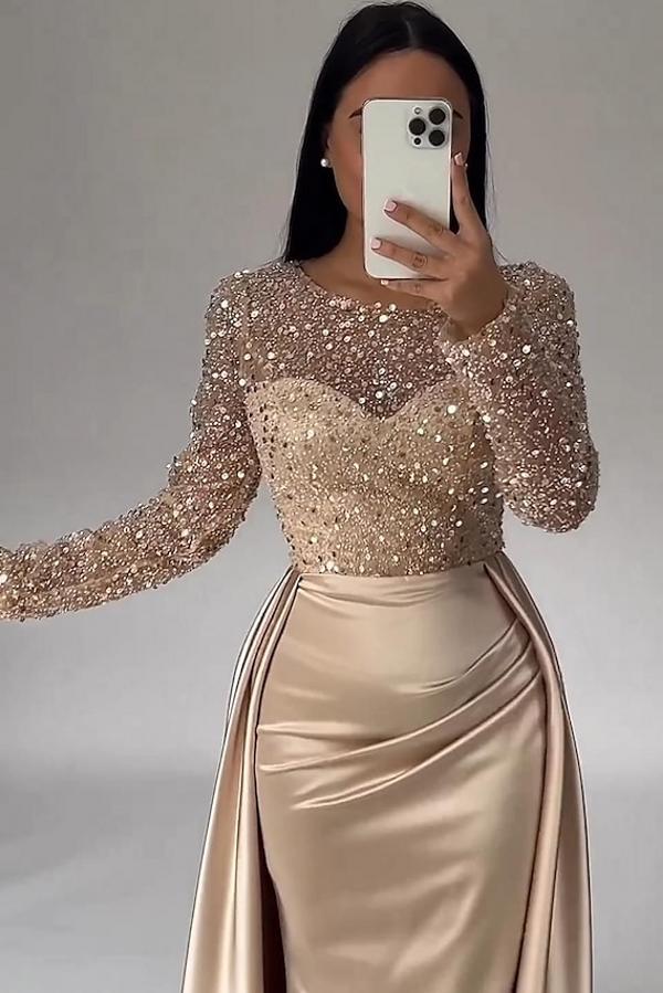 Long Sleeves Scoop Evening Dress Mermaid Overskirt With Sequins