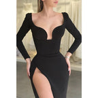 Vestido de noche formal sexy con escote en V y abertura alta y mangas largas 