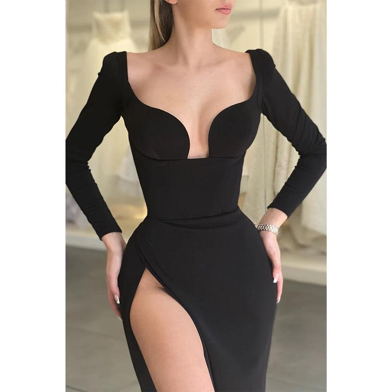 Vestido de noche formal sexy con escote en V y abertura alta y mangas largas 