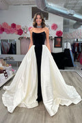 Club Chic A Line Strapless Black White Long Prom Dress with Sweep Train