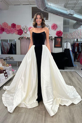 Club Chic A Line Strapless Black White Long Prom Dress with Sweep Train