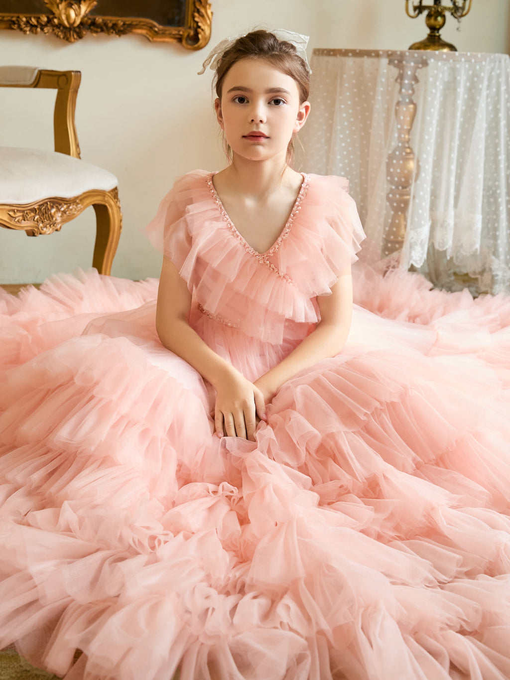 Vestido rosa perla de corte A con cola de tul (2003225563) 