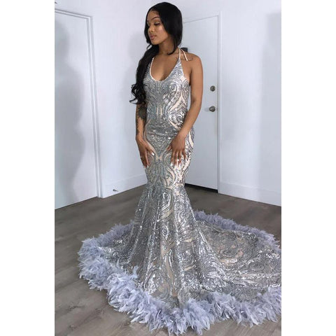 V-Neck Halter Sequins Satin Feather Mermaid Long Prom Evening Dress