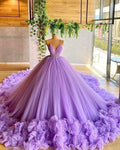 Robe de bal en tulle à bretelles spaghetti, corsage orné de perles lavande et de fleurs faites main Y97