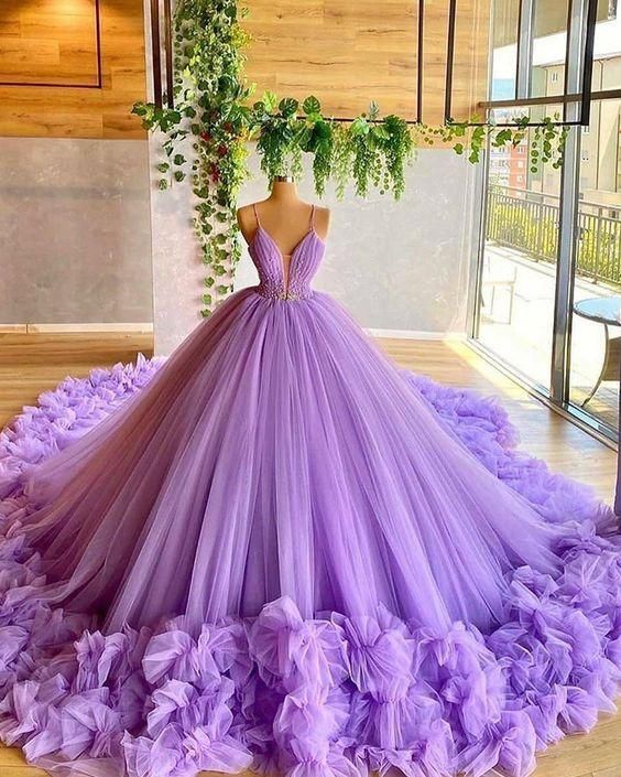 Vestido de baile de tul con corpiño de cuentas color lavanda y tirantes finos, con flores hechas a mano Y97