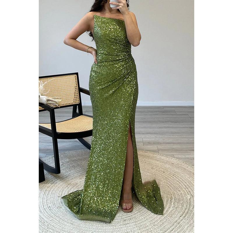 Robe de soirée longue à plis et paillettes, fourreau/colonne, sans bretelles 
