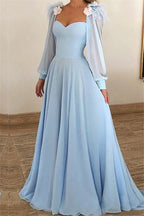 Robe de bal bleu ciel à manches longues en mousseline, décolleté cœur