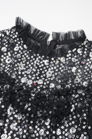 Vestido largo de noche de tul escalonado con cuello alto, volantes y lentejuelas brillantes de lunares