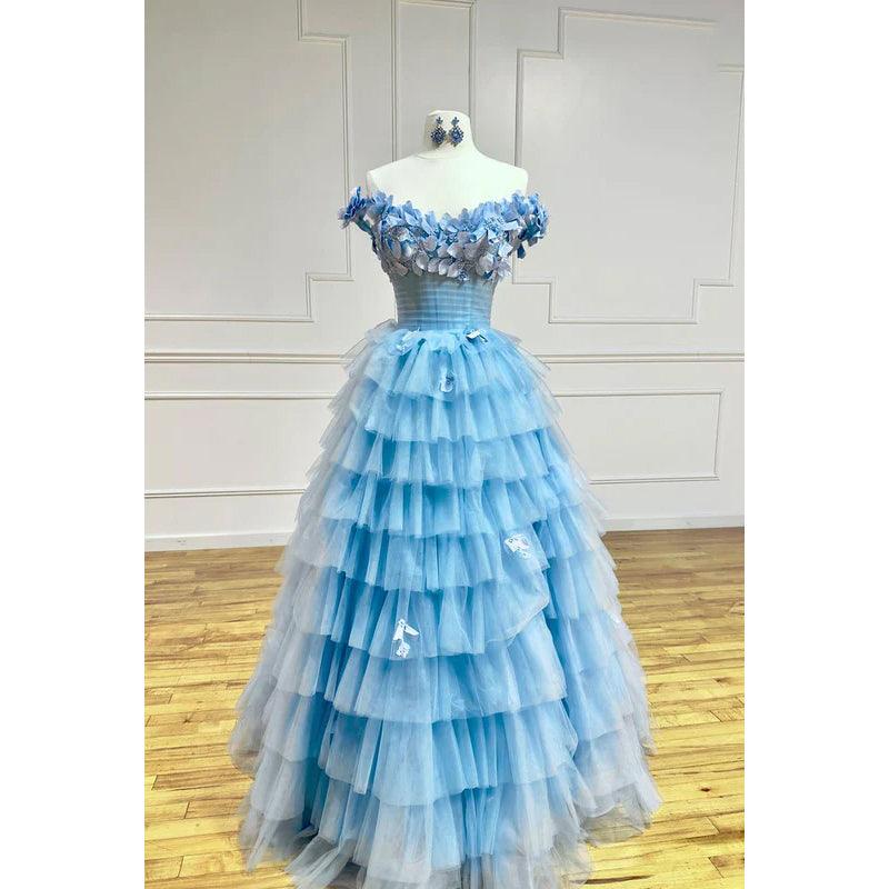 Vestido de fiesta formal de tul, glamuroso y dramático, sin mangas, con hombros descubiertos y corte A
