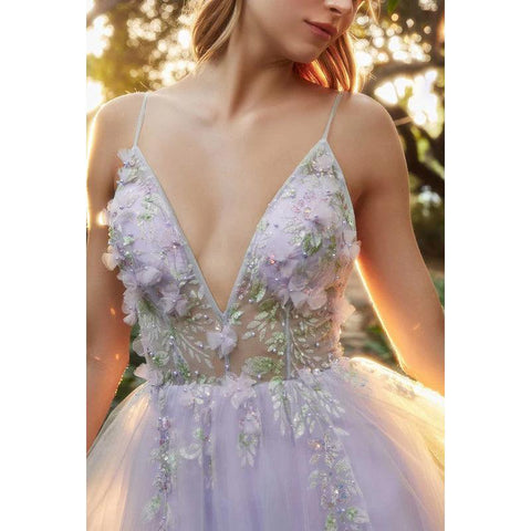 V-Neck Floral Appliqued Beaded Sheer Tulle A-Line Long Prom Evening Dress