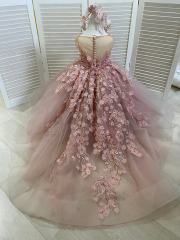 Precioso vestido de niña de las flores de corte princesa sin mangas con apliques