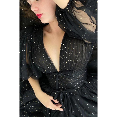 Robe de bal sexy à col en V et manches mi-longues, fendue et scintillante, avec poches 
