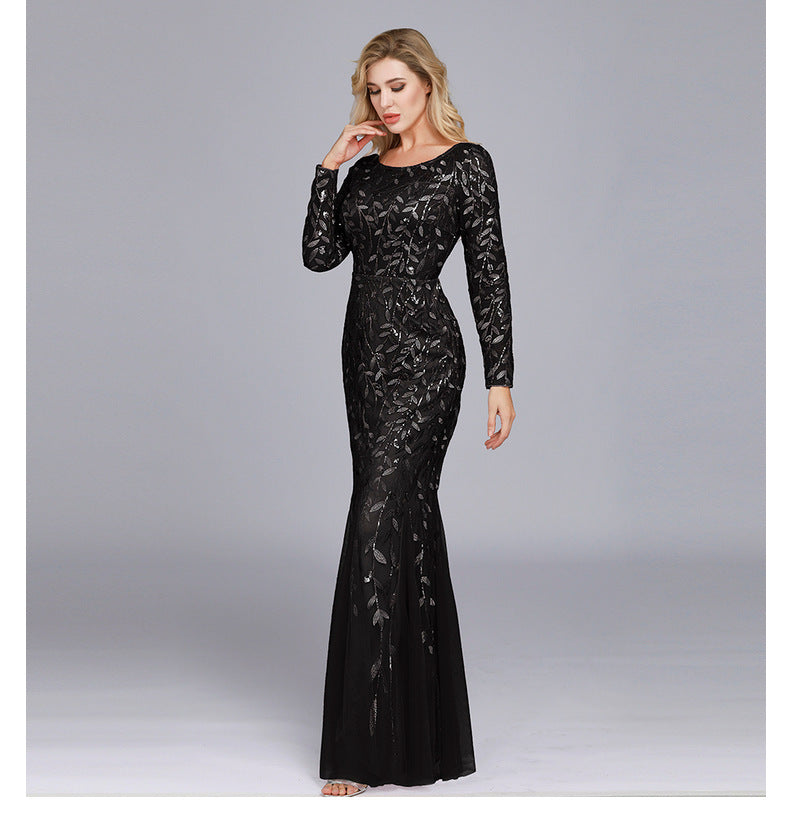 Spring Multi-Color Long Sleeve round Neck Fishtail Banquet Evening Dress for Women