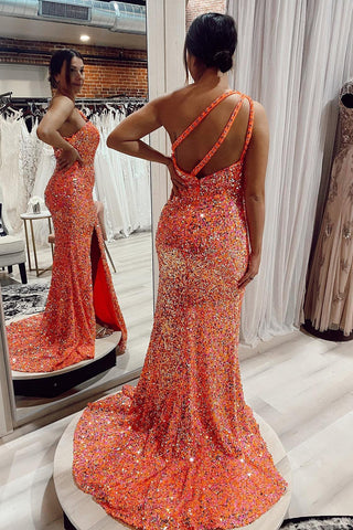 Robe de bal longue sirène asymétrique orange à sequins et fente sur le devant