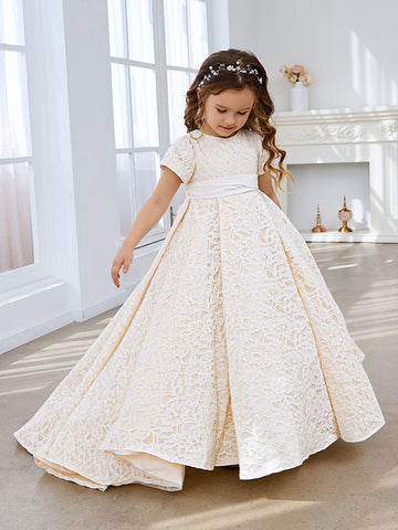 A-line Lace Sweep Train Ivory Dress (010146744)