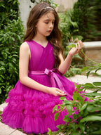 Vestido de niña de las flores de tul sin mangas color fucsia princesa con volantes (010225236) 