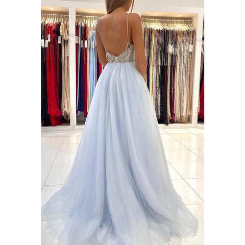 Robe de bal longue à bretelles spaghetti et col en V avec perles 