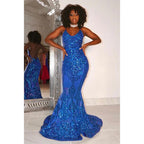 Robe de bal sirène bordeaux à bretelles spaghetti et paillettes appliquées, Black Girl Slay 