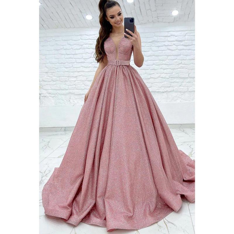 Vestido de fiesta de tul rosa brillante con escote en V pronunciado y bolsillos 