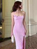 TARUXY Flower Side Slit Dress Women Sleeveless Sexy Off Shoulder Bodycon Sundress Lady Party Elegant Slim Evening Dress Woman