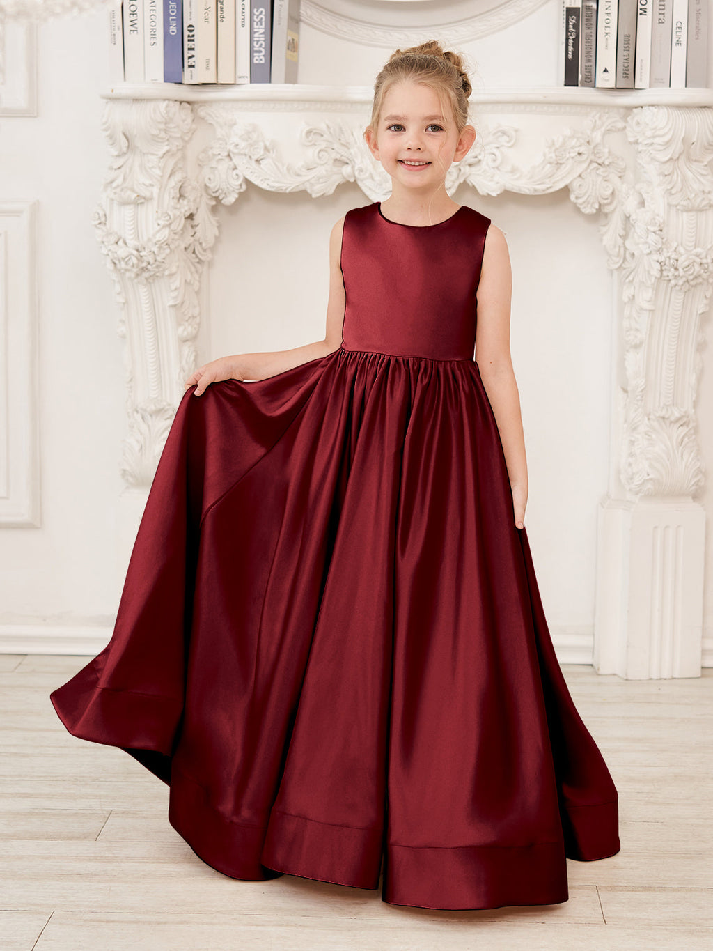 Vestido de niña de las flores de corte A, de satén y encaje, hasta el suelo 