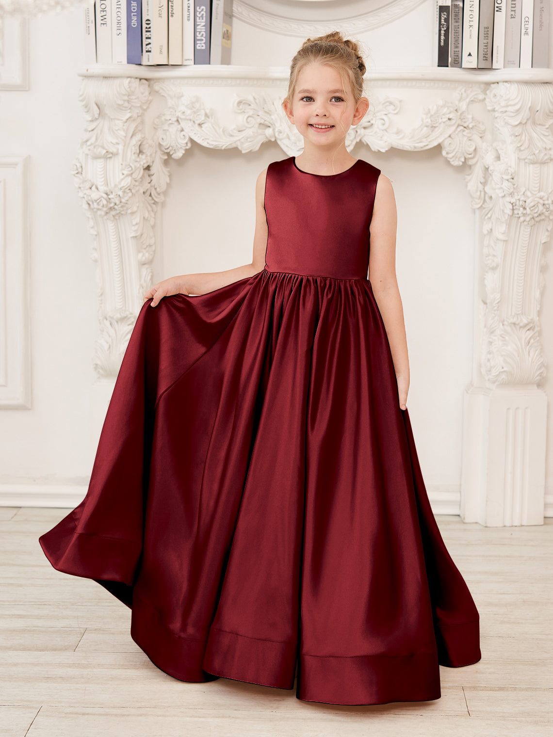 Vestido de niña de las flores de corte A, de satén y encaje, hasta el suelo 