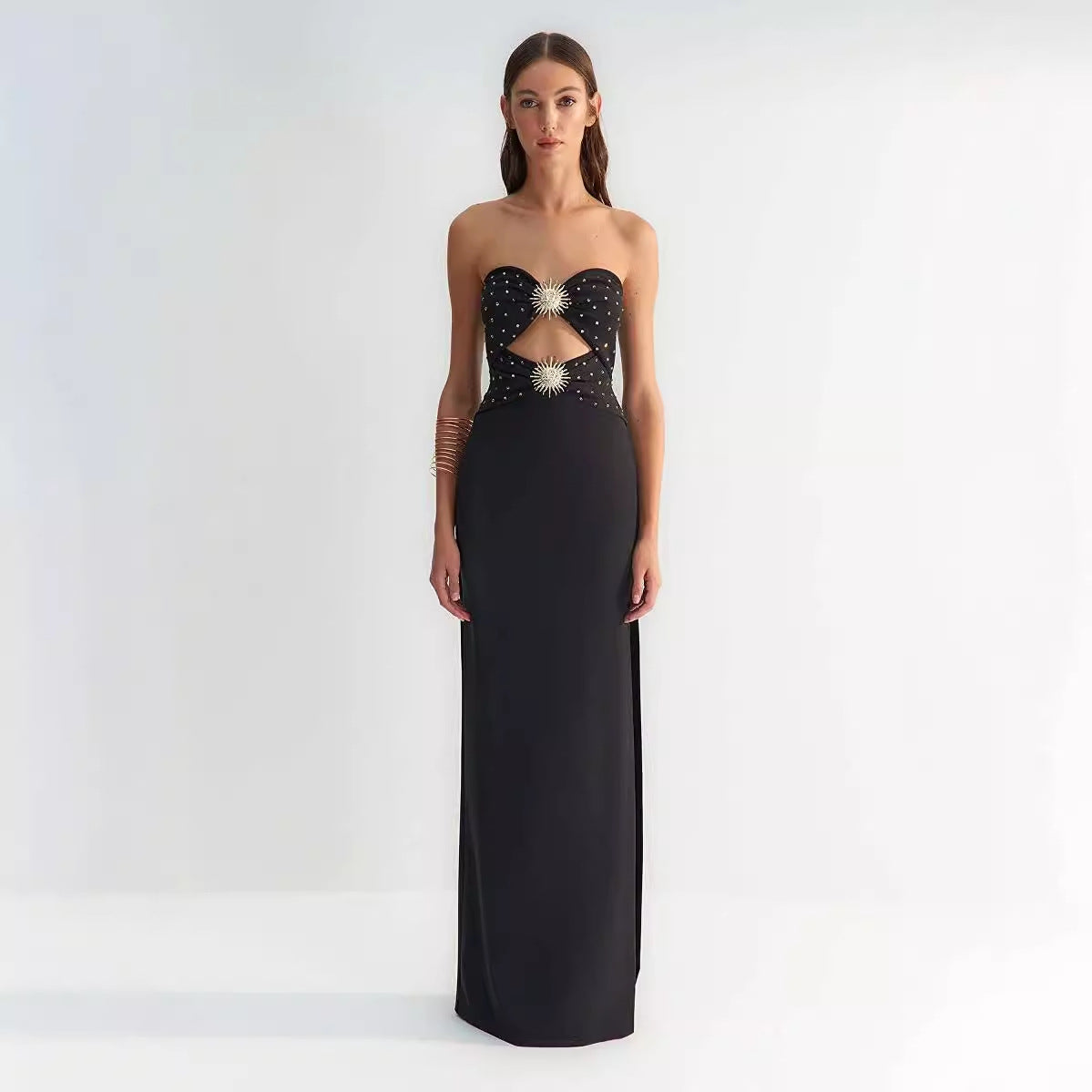 Vestido de fiesta sin tirantes con estampado de girasoles y aberturas sexys 