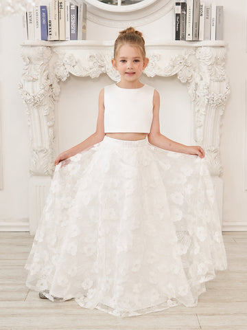 A-line Lace Satin Floor-length Ivory Dress (010146741)