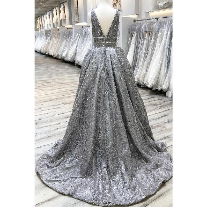 Plunging V-neck Grey Lace Gown Long Prom Dress