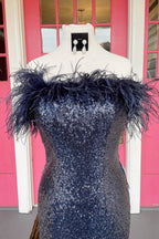 Mermaid Strapless White Sequins Plus Size Prom Dress with Feathers