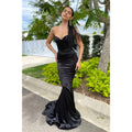 Robe de bal sirène longue en satin noir à décolleté en cœur 